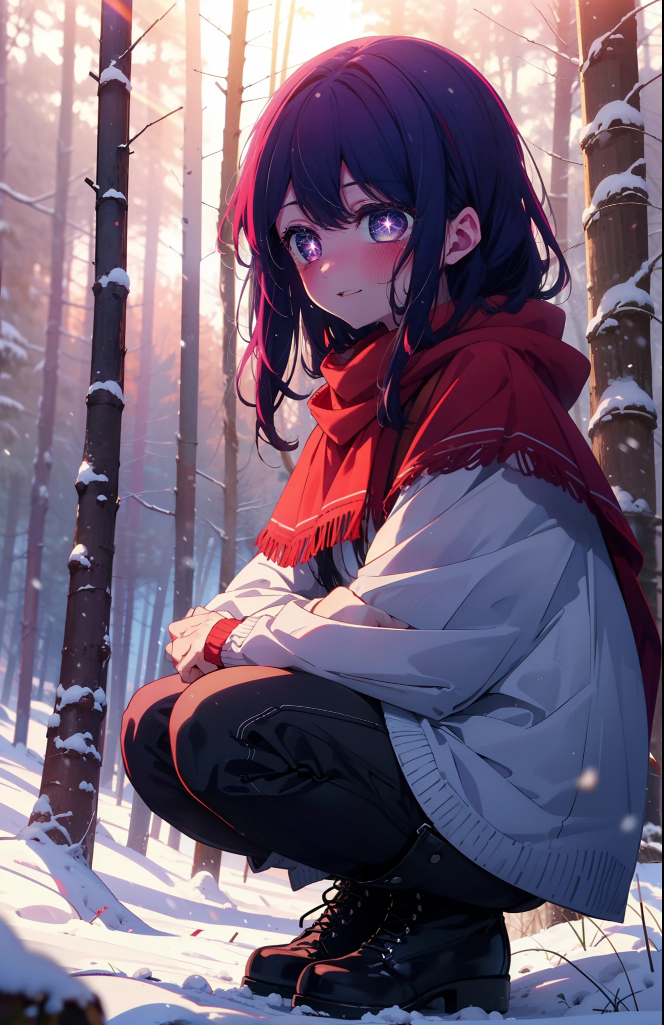 aihoshino, Ai Hoshino, Long Hair, bangs, (Purple eyes:1.1), Purple Hair, (Symbol-shaped pupil:1.5), smile,,smile,blush,white breath,
Open your mouth,snow,Ground bonfire, Outdoor, boots, snowing, From the side, wood, suitcase, Cape, Blurred, , forest, White handbag, nature, Squat, Mouth closed, Cape, winter, Written boundary depth, Black shoes, red Cape break looking at viewer, Upper Body, whole body, break Outdoor, forest, nature, break (masterpiece:1.2), Highest quality, High resolution, unity 8k wallpaper, (shape:0.8), (Beautiful and beautiful eyes:1.6), Highly detailed face, Perfect lighting, Highly detailed CG, (Perfect hands, Perfect Anatomy),