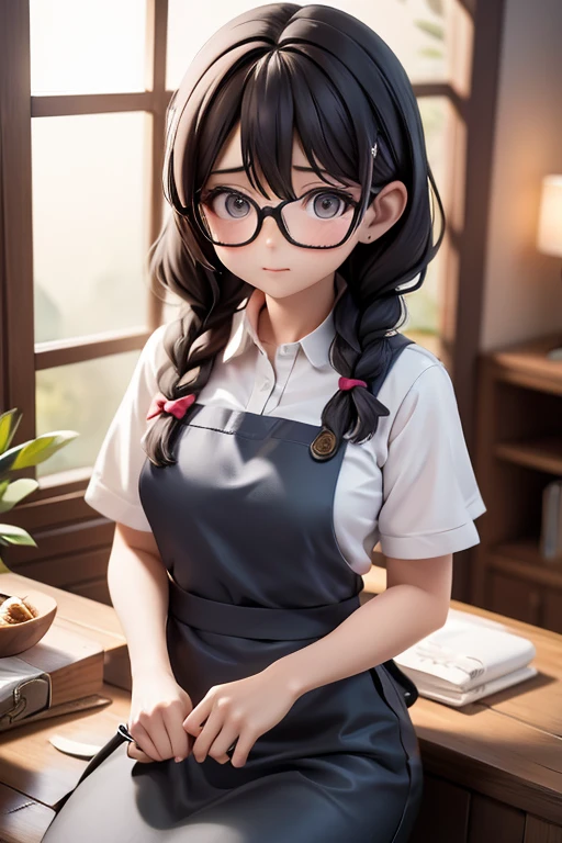30-year-old woman、Mother,Married women,apron,Hair tied up,Braiding,Black Hair,Braid、Knot、Glasses