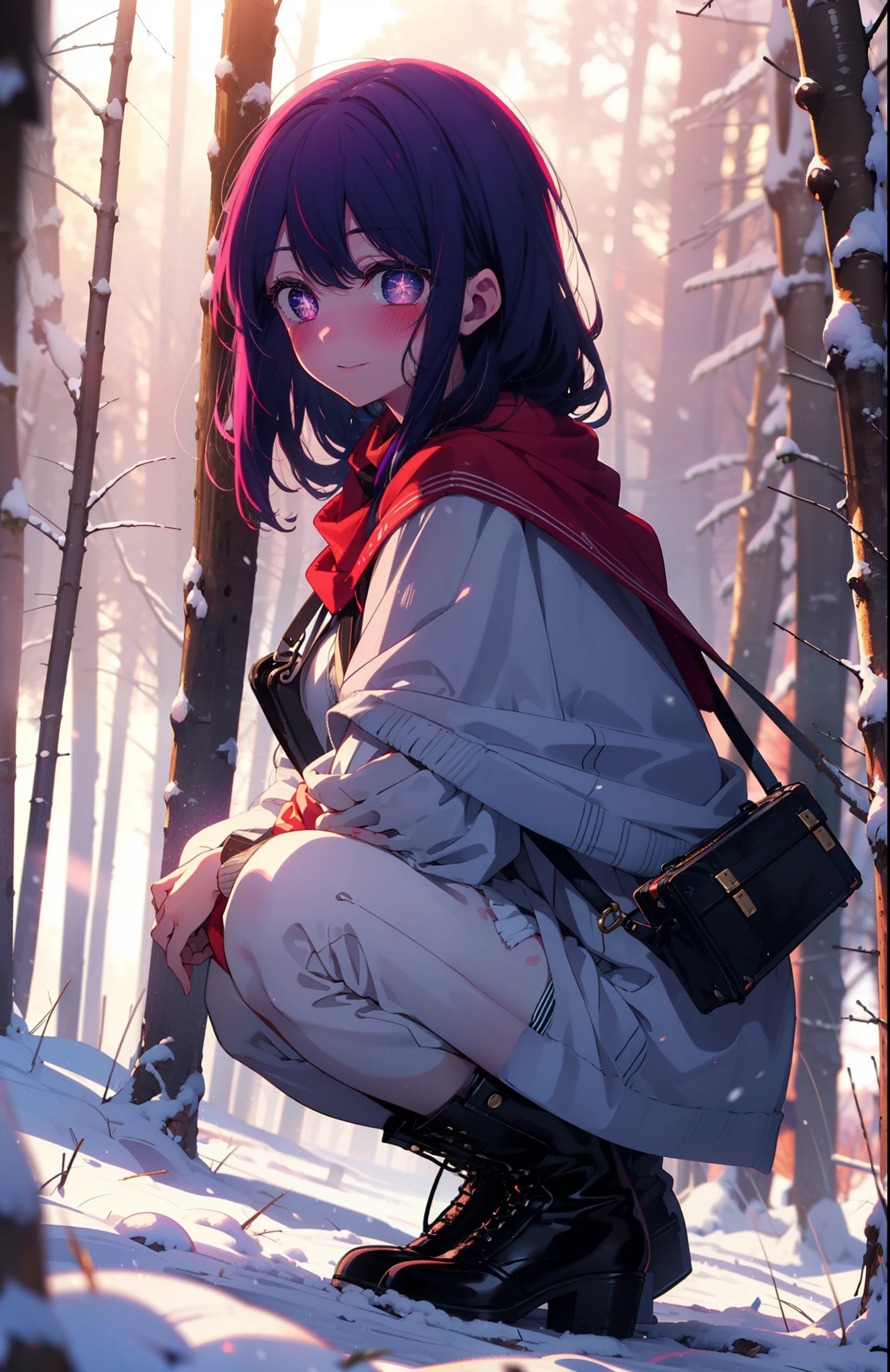 aihoshino, Ai Hoshino, Long Hair, bangs, (Purple eyes:1.1), Purple Hair, (Symbol-shaped pupil:1.5), smile,,smile,blush,white breath,
Open your mouth,snow,Ground bonfire, Outdoor, boots, snowing, From the side, wood, suitcase, Cape, Blurred, , forest, White handbag, nature, Squat, Mouth closed, Cape, winter, Written boundary depth, Black shoes, red Cape break looking at viewer, Upper Body, whole body, break Outdoor, forest, nature, break (masterpiece:1.2), Highest quality, High resolution, unity 8k wallpaper, (shape:0.8), (Beautiful and beautiful eyes:1.6), Highly detailed face, Perfect lighting, Highly detailed CG, (Perfect hands, Perfect Anatomy),