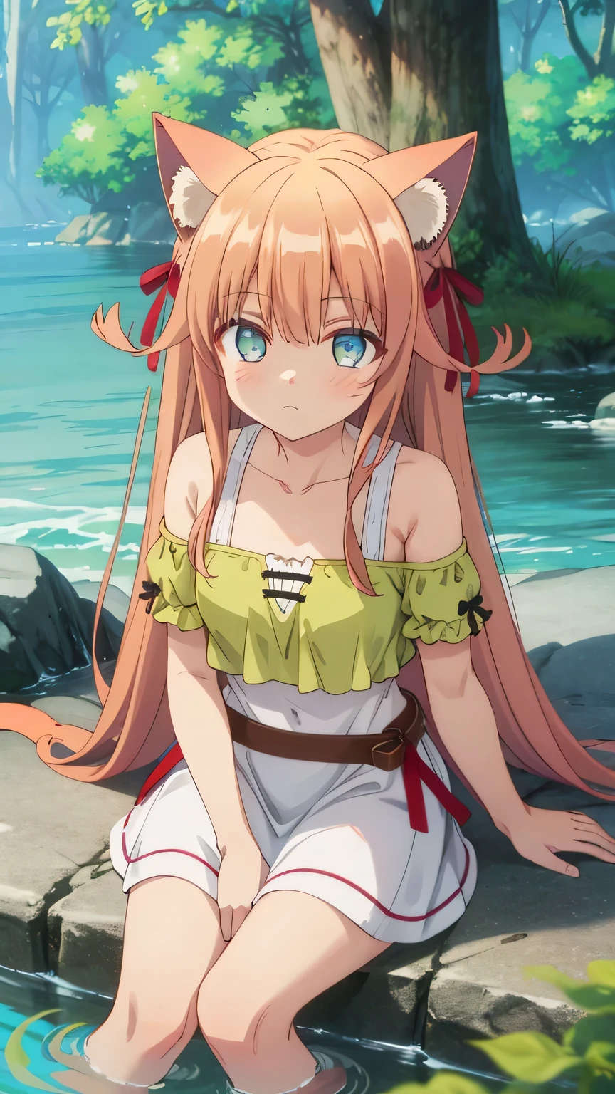 {{{masterpiece}}}, {{{best quality}}}, {{ultra-detailed}}, {illustration}, {{an extremely delicate and beautiful}}, (beautiful detailed eyes:1.6), extremely detailed face, 16k, anime face, Kanade(Beast Tamer), kanade, cute face, cat girl, cat ears, light brown hair, very long hair, red hair ribbon, Big eyes, green eyes, medium breasts, thin waist, big hips, curvaceous, cat tail, BREAK, nude, hair bra, strong light between legs in, BREAK, A girl is bathing in the lake, outdoor, lake, bathing, feet in water, sky, daytime, forest, field, mysterious light