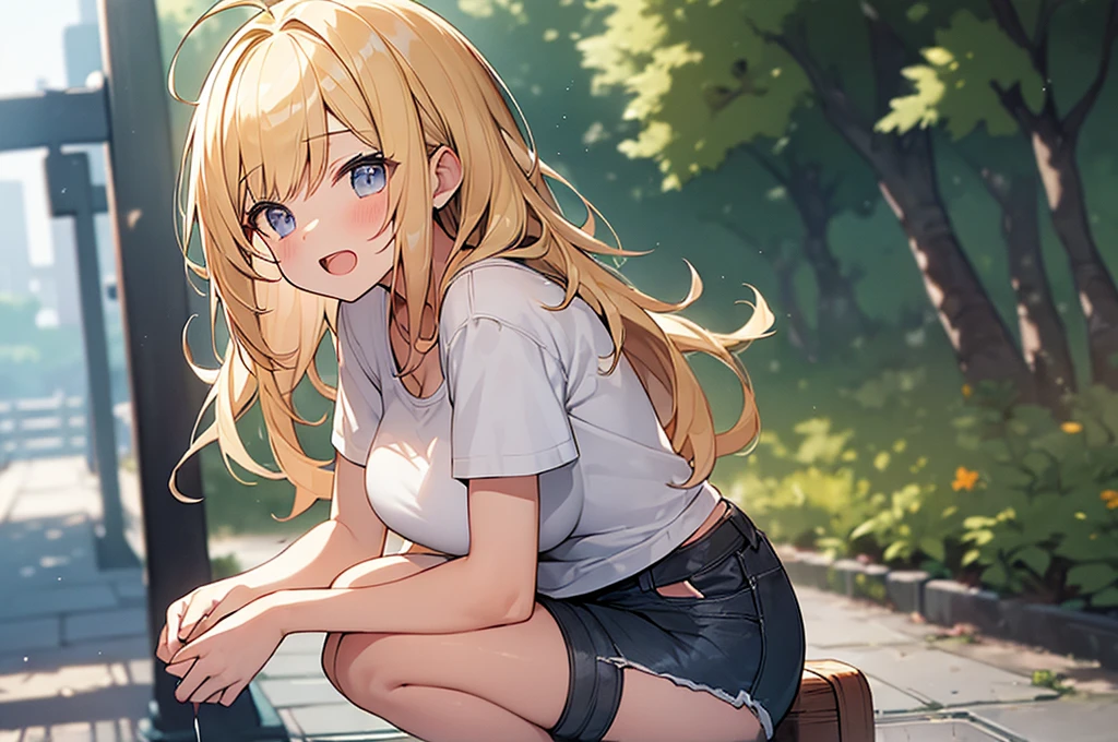(Masterpiece, Top quality:1.5), 1 beautiful girl, solo, squatting down, from side, Blonde, medium Hair, wavy Hair, asymmetry bangs, swept bangs, airy hair, large breasts:1.2, 16 year old, standard weight, (casual summer fashion, Shorts :1.3), blush, beautiful scene of narrow Alley, blurry background, magnificent panorama view, blurry background, open mouth,