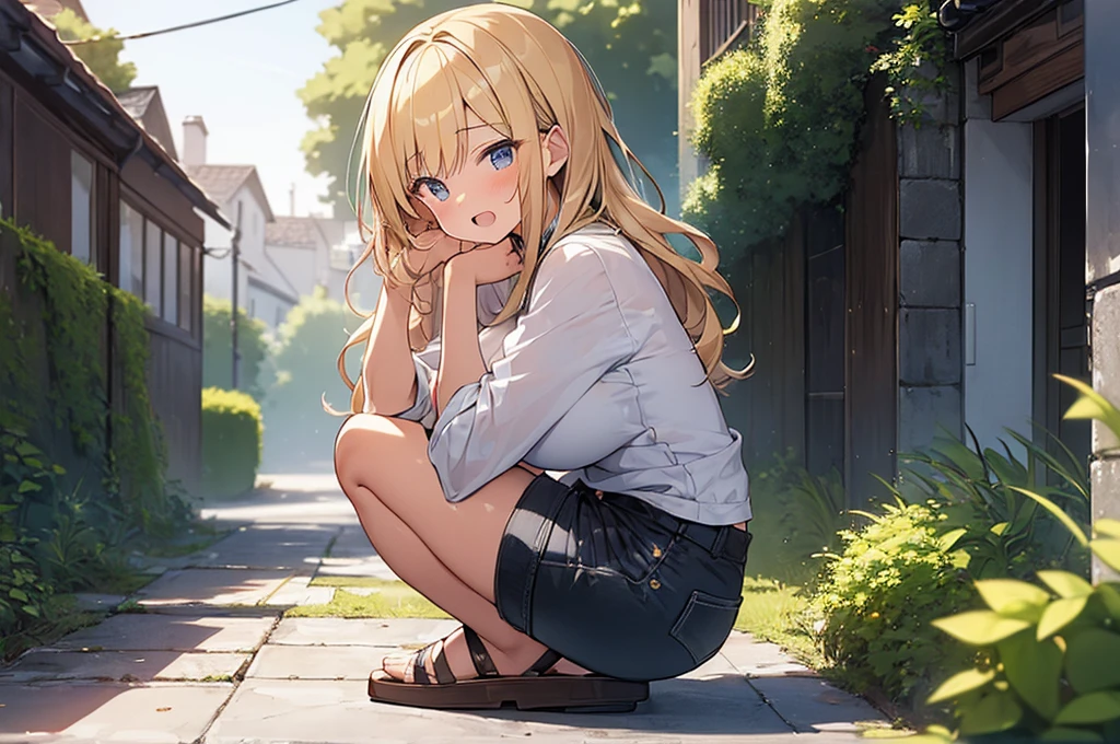 (Masterpiece, Top quality:1.5), 1 beautiful girl, solo, squatting down, from side, Blonde, medium Hair, wavy Hair, asymmetry bangs, swept bangs, airy hair, large breasts:1.2, 16 year old, standard weight, (casual summer fashion, Shorts :1.3), blush, beautiful scene of narrow Alley, blurry background, magnificent panorama view, blurry background, open mouth,