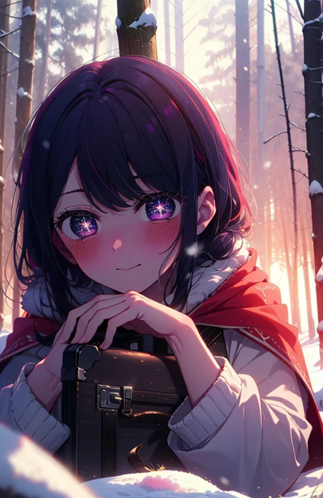 aihoshino, Ai Hoshino, Long Hair, bangs, (Purple eyes:1.1), Purple Hair, (Symbol-shaped pupil:1.5), smile,,smile,blush,white breath,
Open your mouth,snow,Ground bonfire, Outdoor, boots, snowing, From the side, wood, suitcase, Cape, Blurred, , forest, White handbag, nature,  Squat, Mouth closed, Cape, winter, Written boundary depth, Black shoes, red Cape break looking at viewer, Upper Body, whole body, break Outdoor, forest, nature, break (masterpiece:1.2), Highest quality, High resolution, unity 8k wallpaper, (shape:0.8), (Beautiful and beautiful eyes:1.6), Highly detailed face, Perfect lighting, Highly detailed CG, (Perfect hands, Perfect Anatomy),