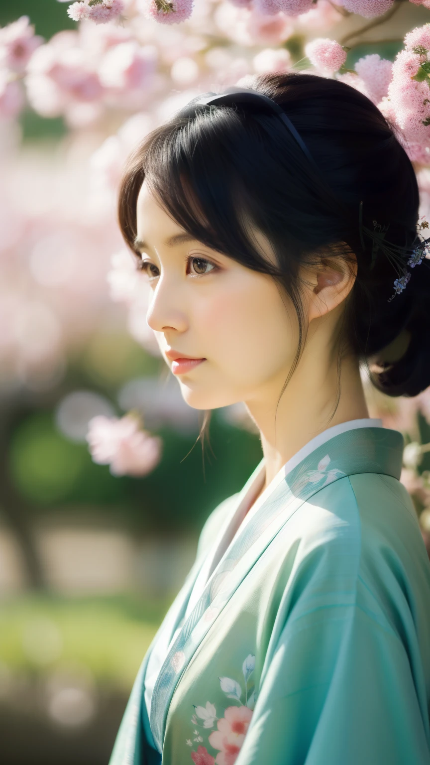 Realistic photos, Gentle eyes, Sad expression, Flowing black hair, Disheveled clothes, Elegant kimono, Spring background, Calm expression, Soft lighting, Traditional Japanese art style, Vibrant colors, Peaceful atmosphere, Delicate features, Graceful posture
