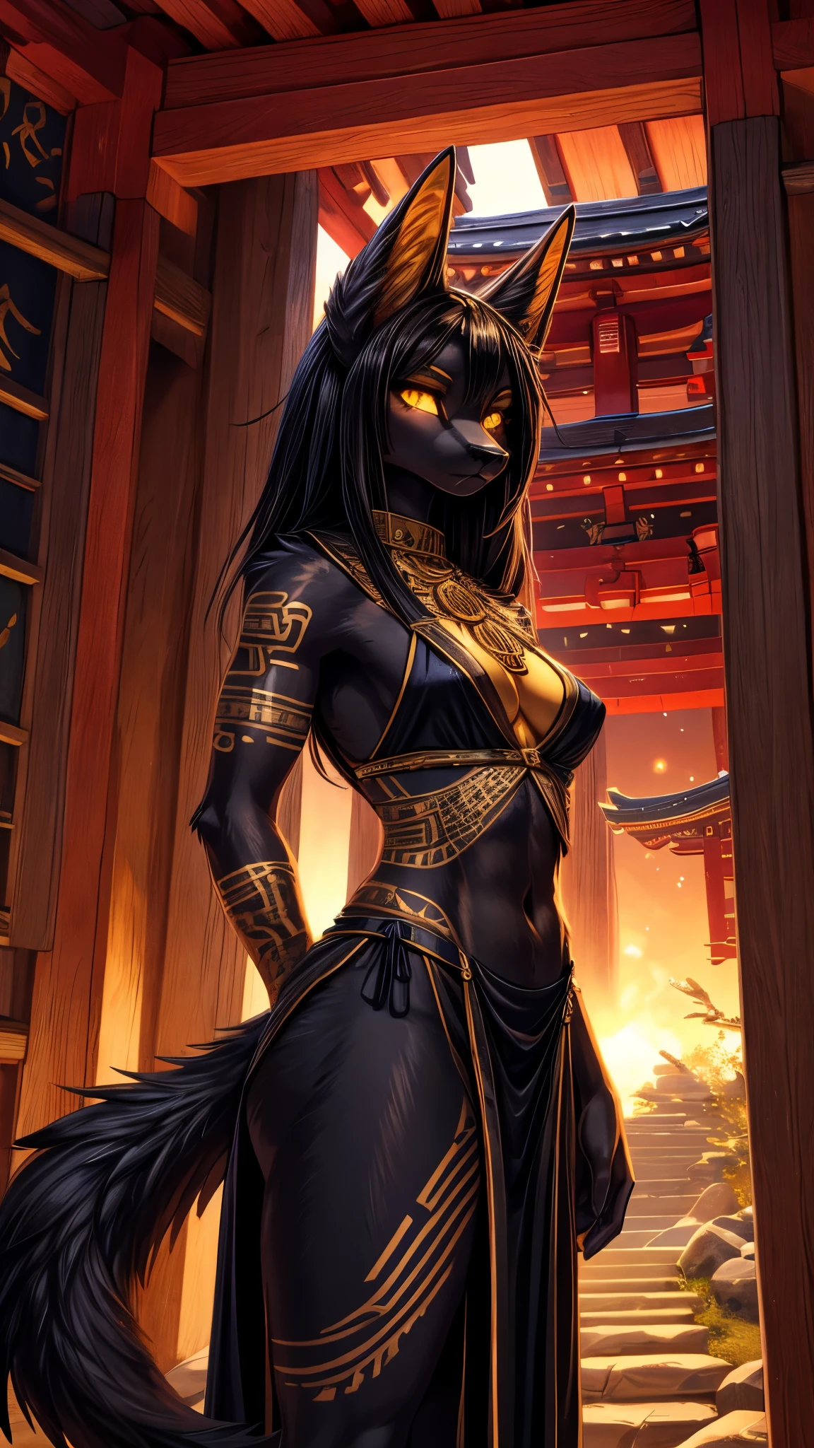 Masterpiece Best quality, the best definition to add aesthetic and lighting details Black girl jackal, egiptian clothes, teen girl, ,black body, japanese shrine landscape, golden tattoo body, sensual eyes, yellow pupil, glowing eyes.