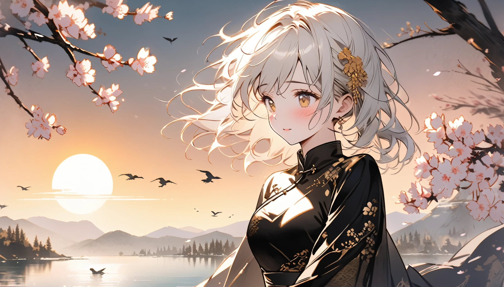 top-quality, Ink painting style, Fresh and elegant, Clear lake, orthofacial,Cute and shy,The cherry blossoms set as the sun sets,White color hair, Black cheongsam gold pattern girl, Ride the flower wind to blow your head, A forest dotted with green leaves, Birds sing happily, A poetic scene