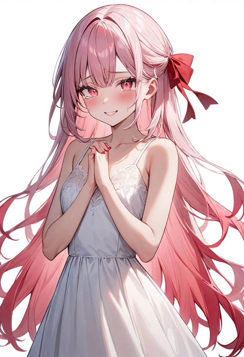 (masterpiece, top quality, very aesthetic, 4k、illustration), intricate detail, 1woman,solo,contrapposto 、Strong glowing eyes、,(cowboy shot)、、(Shedding red tears:1.3),beautiful face、sad smile、straight hair、(fluorescence pink gradient hair)、own hands clasped、multicolored hair,hair ribbon,middle hair,sidelock ,レッド　eyes、white lace camisole Dresses、small breasts、Slim 、white background