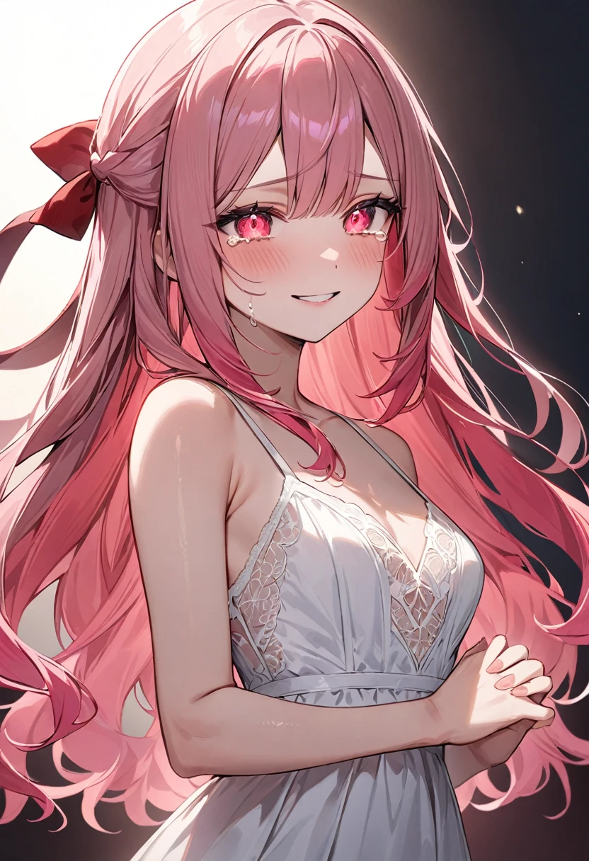 (masterpiece, top quality, very aesthetic, 4k、illustration), intricate detail, 1woman,solo,contrapposto 、Strong glowing eyes、,(cowboy shot)、、(Shedding red tears:1.3),beautiful face、sad smile、straight hair、(fluorescence pink gradient hair)、own hands clasped、multicolored hair,hair ribbon,middle hair,sidelock ,レッド　eyes、white lace camisole Dresses、small breasts、Slim 、white background