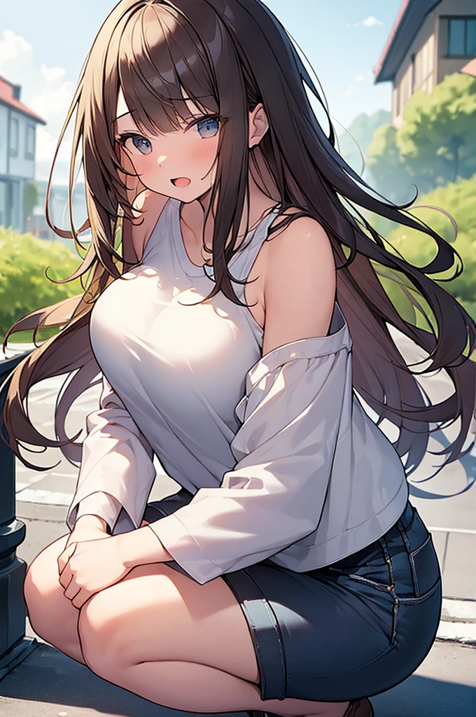 (Masterpiece, Top quality:1.5), 1 beautiful girl, solo, squatting down, from side, Blonde, medium Hair, wavy Hair, asymmetry bangs, swept bangs, airy hair, large breasts:1.2, , standard weight, (casual summer fashion, Shorts :1.3), blush, beautiful scene of narrow Alley, blurry background, magnificent panorama view, blurry background, open mouth,