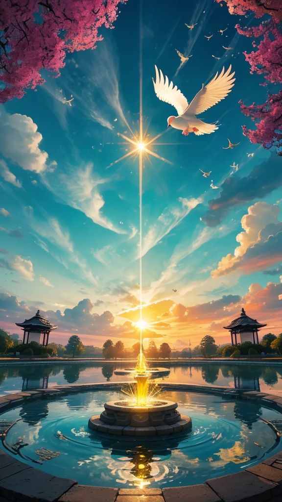 A vibrant and uplifting wallpaper designed to enhance work and financial luck. The image should feature golden coins symbolizing wealth, a heart representing passion and love, and a four-leaf clover for good luck. The radiant sun should shine brightly in the background, illuminating a serene water fountain. A dove representing peace and hope should fly above, while a key and a broken chain symbolize unlocking opportunities and breaking free from obstacles. The overall theme should evoke a sense of calm and determination, helping one to attract their true desired job and motivating them to move forward positively.