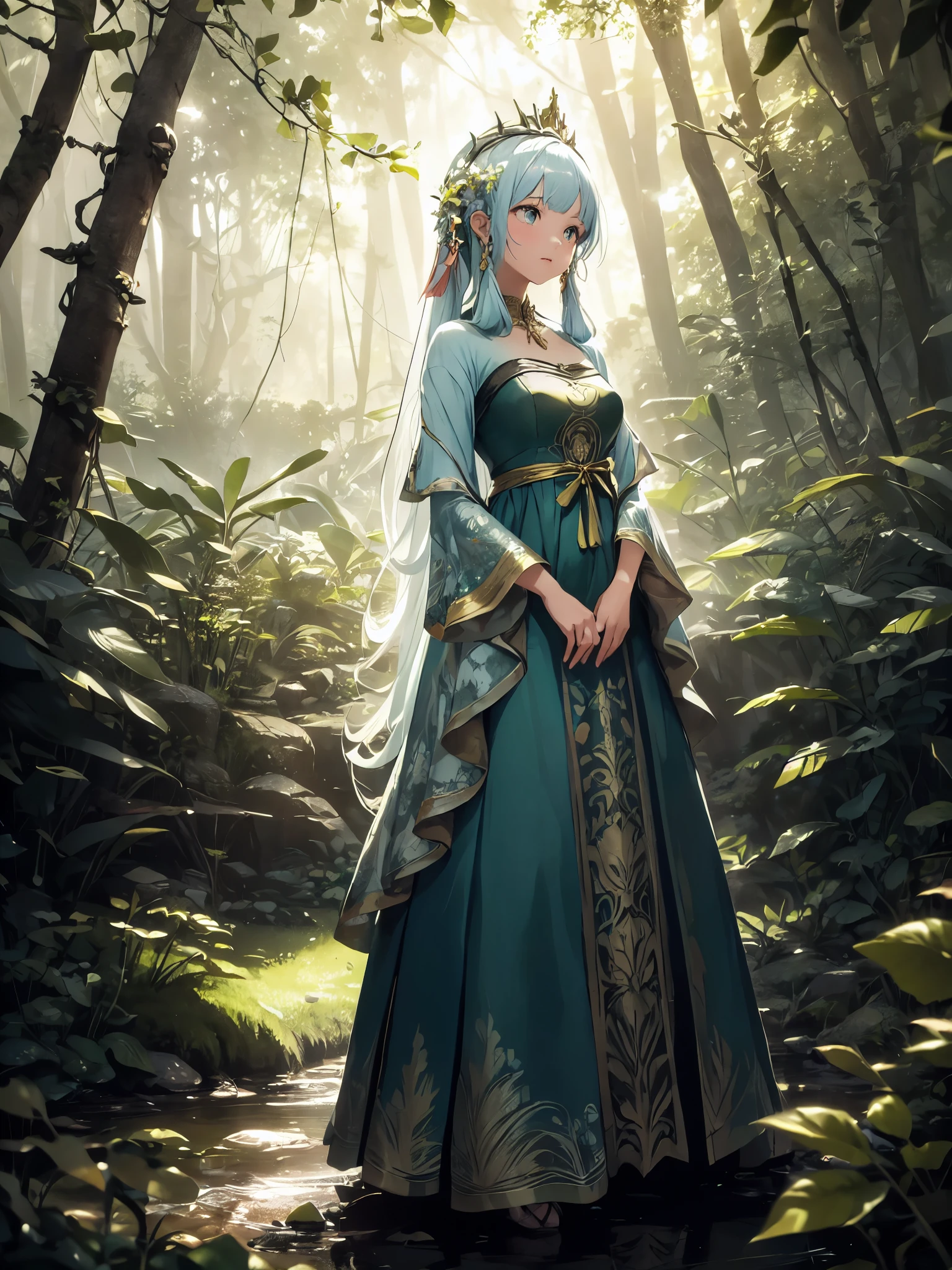 Create an enchanting, ethereal scene set deep within an ancient, magical forest at the golden hour of twilight. The soft, warm light filters through the tall trees, casting dappled patterns on the lush, green forest floor. The atmosphere is serene and filled with a sense of timelessness, as if this part of the forest has been untouched for centuries.In the center of the scene, a beautiful young woman stands gracefully. She is dressed in an exquisite, flowing gown that seems to be inspired by nature itself. The dress is a delicate blend of soft greens and earthy tones, adorned with intricate floral embroidery and shimmering details that catch the light. The gown’s fabric is light and airy, trailing softly on the forest floor as she walks, almost blending with the surrounding foliage.Her long, wavy hair cascades down her shoulders, adorned with a simple, yet elegant, natural crown made of small leaves and flowers, enhancing her connection to the forest. Her expression is serene, her gaze slightly lowered as if she’s lost in a moment of peaceful reflection or perhaps communing with the nature around her.Surrounding her, the forest is alive with vibrant greenery. Ivy climbs up the trees, and small, delicate flowers peek out from the underbrush, adding splashes of soft color to the scene. The light filtering through the leaves creates a soft glow, giving the entire scene a magical, almost otherworldly feel.The overall mood of the image should evoke a sense of enchantment and tranquility, as if the viewer has stumbled upon a mystical, hidden world where nature and beauty are in perfect harmony.