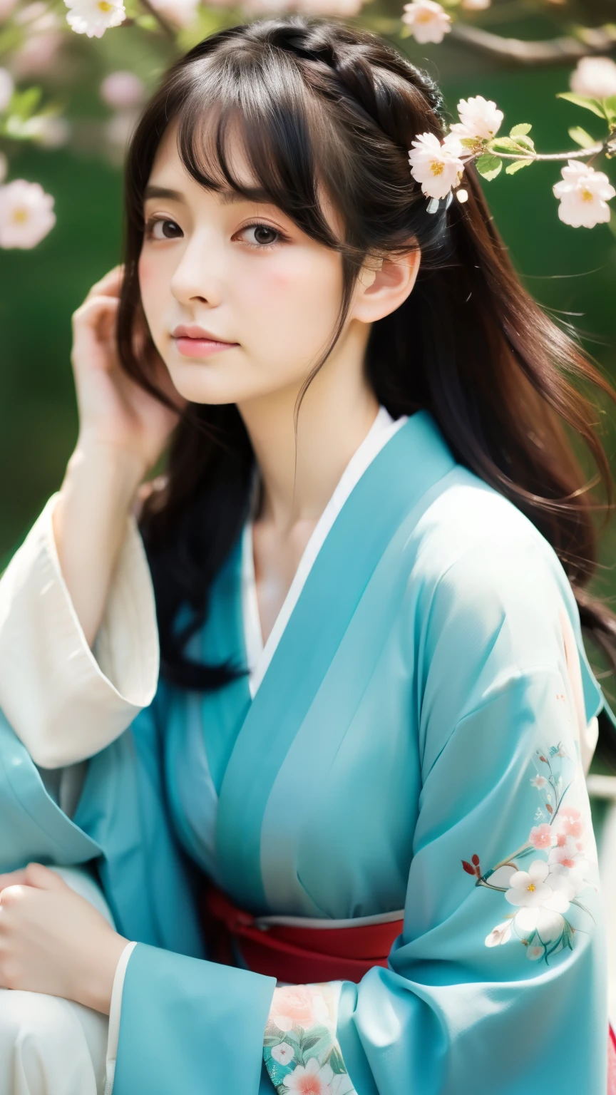 Realistic photos, Gentle eyes, tears, Sad expression, Flowing black hair, Disheveled clothes, Elegant kimono, Spring background, Calm expression, Soft lighting, Traditional Japanese art style, Vibrant colors, Peaceful atmosphere, Delicate features, Graceful posture