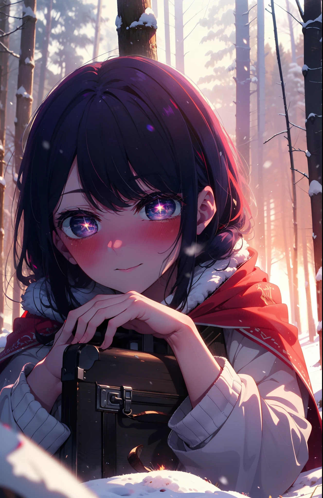 aihoshino, Ai Hoshino, Long Hair, bangs, (Purple eyes:1.1), Purple Hair, (Symbol-shaped pupil:1.5), smile,,smile,blush,white breath,
Open your mouth,snow,Ground bonfire, Outdoor, boots, snowing, From the side, wood, suitcase, Cape, Blurred, , forest, White handbag, nature, Squat, Mouth closed, Cape, winter, Written boundary depth, Black shoes, red Cape break looking at viewer, Upper Body, whole body, break Outdoor, forest, nature, break (masterpiece:1.2), Highest quality, High resolution, unity 8k wallpaper, (shape:0.8), (Beautiful and beautiful eyes:1.6), Highly detailed face, Perfect lighting, Highly detailed CG, (Perfect hands, Perfect Anatomy),