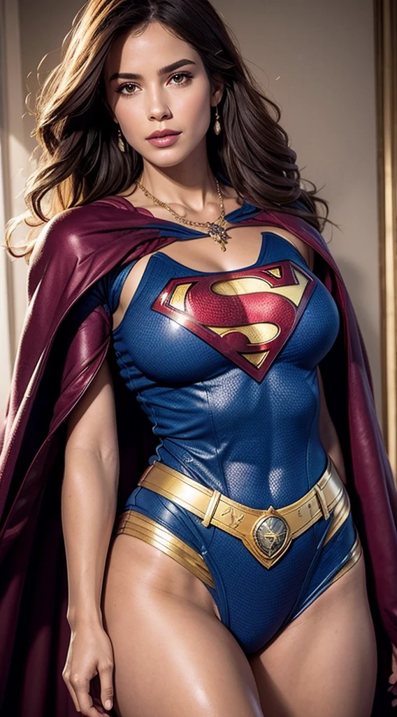 Busty cute italian girl Joana Beltraz, home background, enormous breasts volume, (muscle strong arms and abs and legs), home background, wavy hair, tight superheroine costume and cape