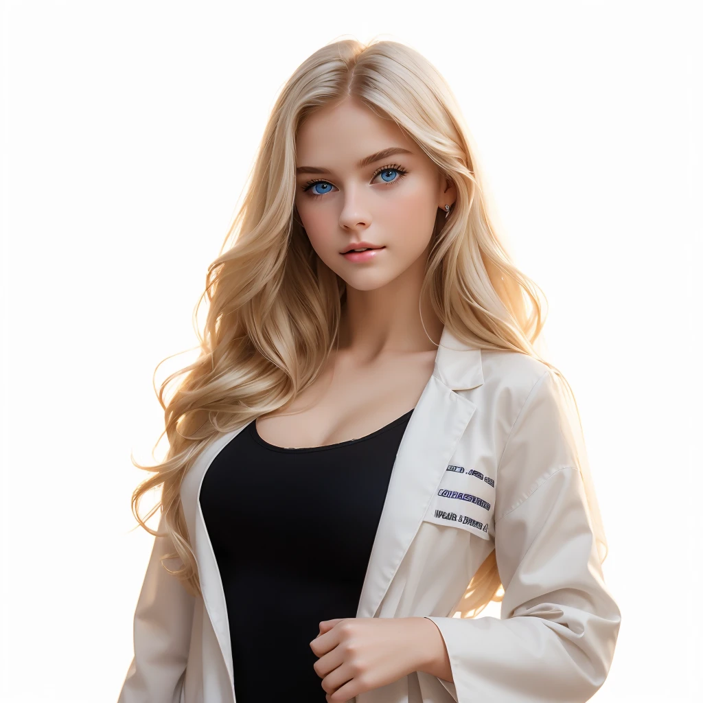 white Miss, beautiful Miss, Pretty Face, Delicate face, White skin, Blonde Hair, Angelic face, Miss, Long hair, Long hair 18 years old, 18 year old Miss,Simple background,blond,Blue Eyes,Black tight skirt,White coat