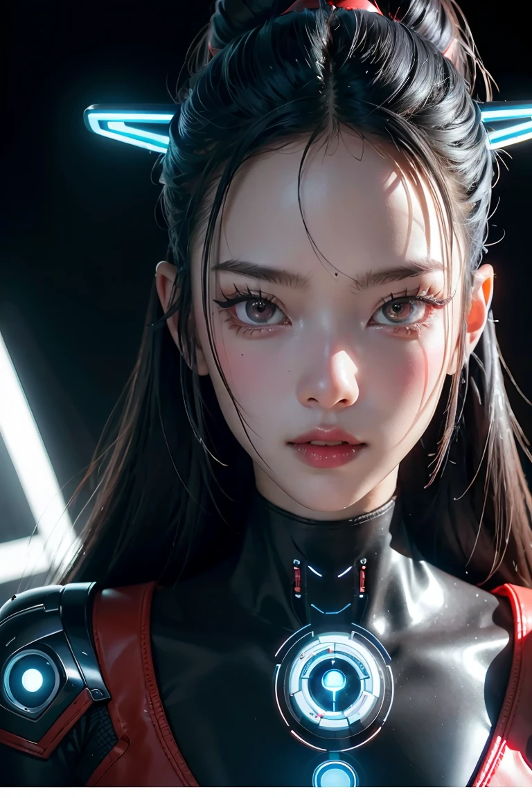 tmasterpiece,Best quality at best,A high resolution,8K,(portrait),(Close up of avatar),(RAW photogr),real photograph,digital photography,(cyberpunk queen),20 year old girl,long ponytail hairstyle,By bangs,(Black and blue gradient hair),(Glowing red eyes),Devil Eyes,Serious and charming,Mechanical body,Green glowing electronic components,Red wires and tubes connect the body,Complex purple electronic texture,Weird technology symbols,Black round forehead symbol,Luxurious mechanical crown,Keep your mouth shut,(Mechanical Woman),Photo pose,cyber punk perssonage,Future Style,gray world background,oc render reflection texture