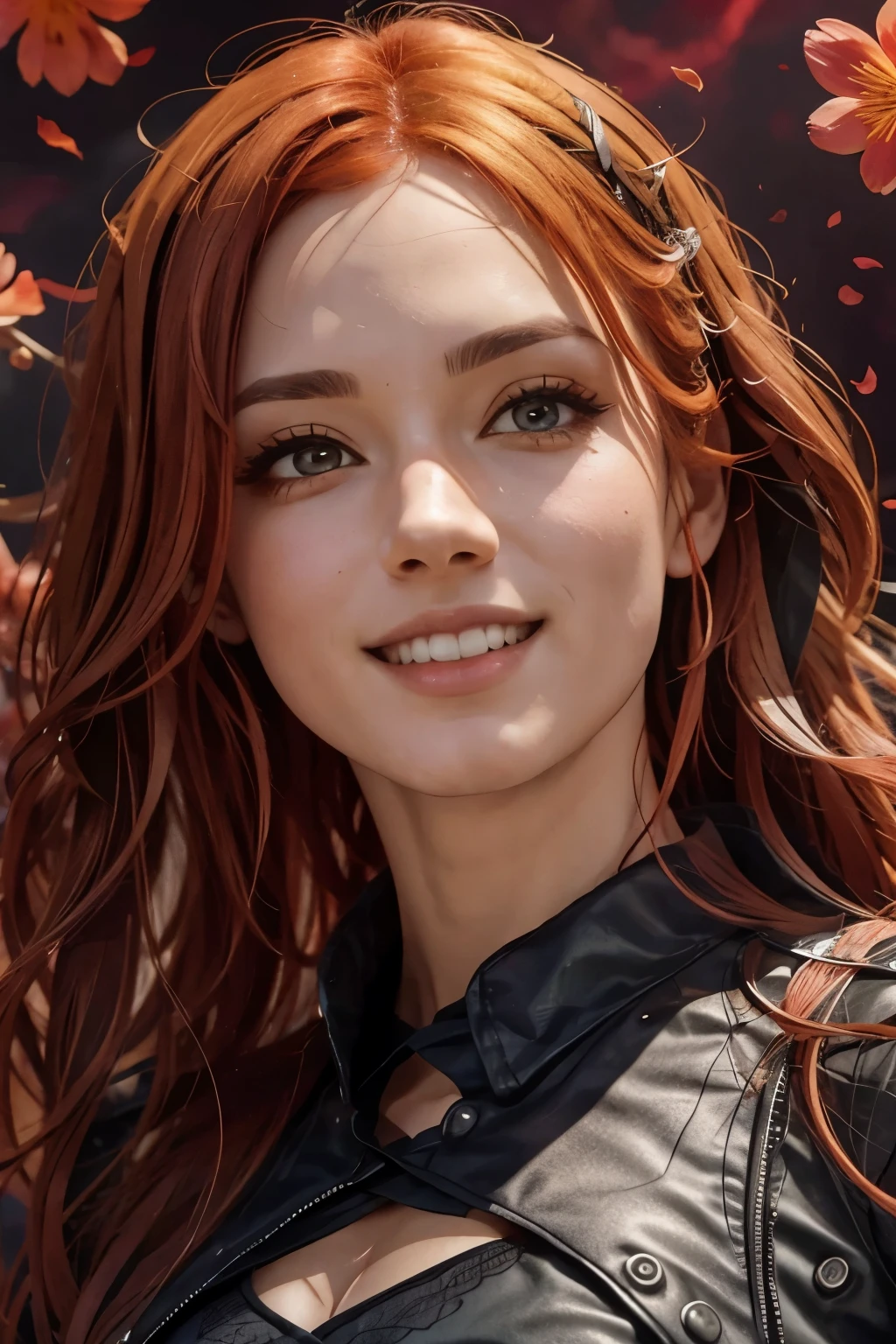 A highly detailed, 8k, masterpiece portrait of a girl with red tied hair wearing a dress, making a crazy smile, (perfect face), detailed background, full body, blooming flowers, (beautiful lighting:1.3), caustics, dynamic lighting, shot from below