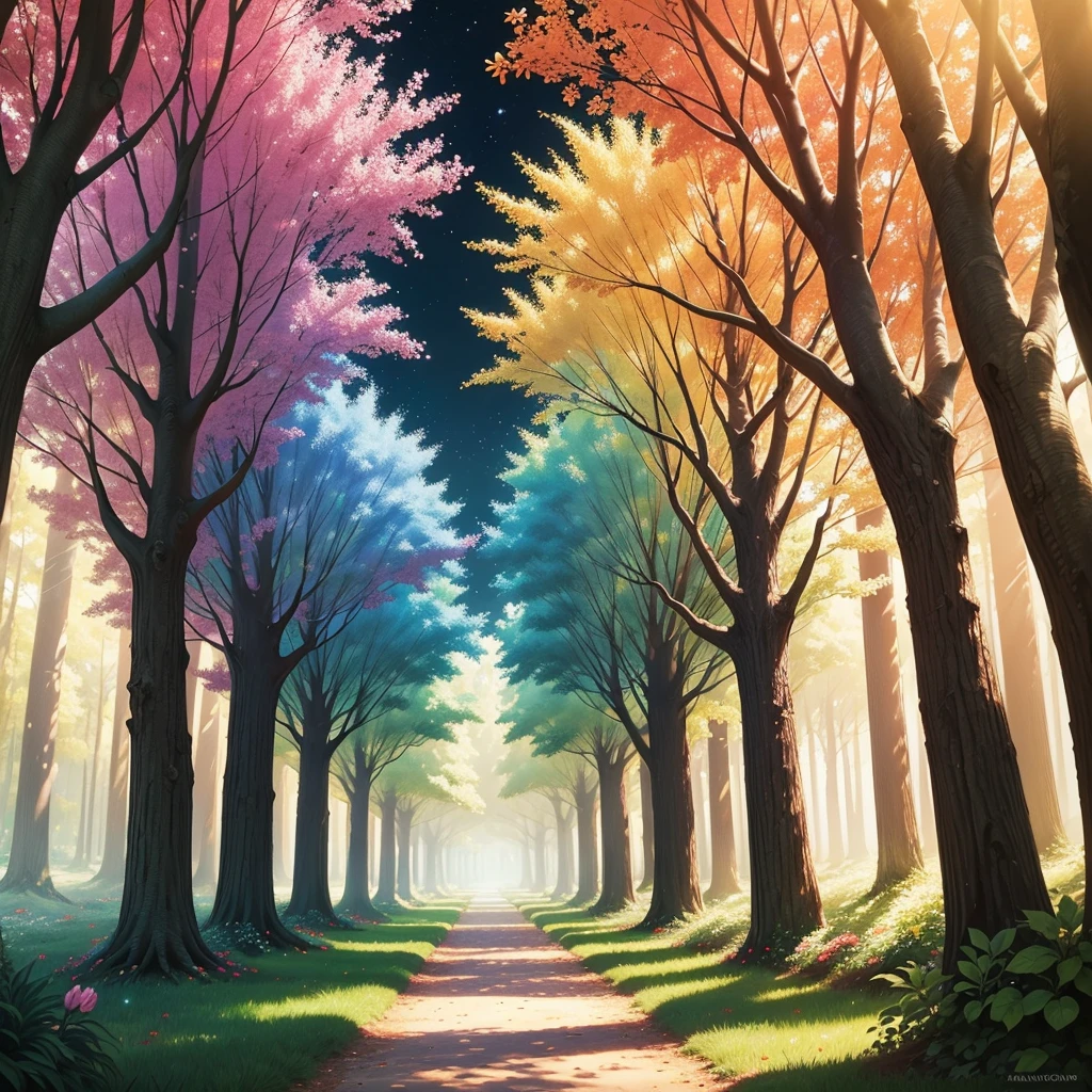 Picture a grove filled with vibrant, glowing flowers in every color imaginable. The trees are tall and their leaves shimmer with a magical light. Imagine the flowers emitting a soft, enchanting fragrance, filling the air with a sense of wonder and mystery.