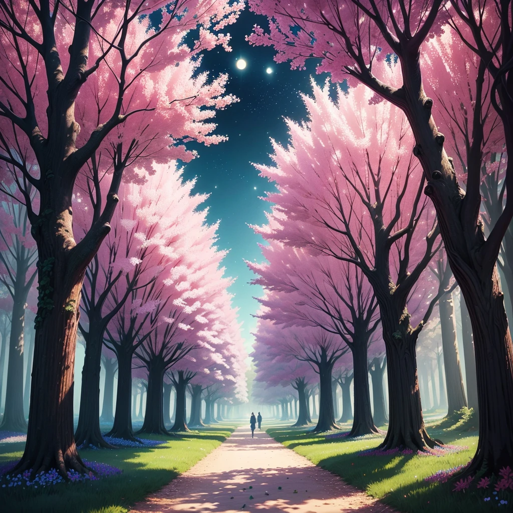Picture a grove filled with vibrant, glowing flowers in every color imaginable. The trees are tall and their leaves shimmer with a magical light. Imagine the flowers emitting a soft, enchanting fragrance, filling the air with a sense of wonder and mystery.