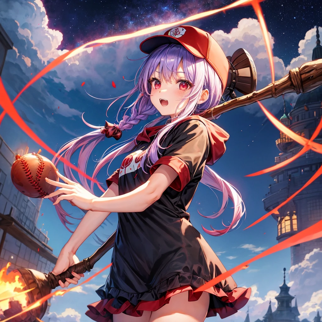 Red, blue and light purple hair、Red eyes、Braid、One cute girl、solo、And soul、Light clothing、Checked mini skirt、petal、black t-shirts、hoodie、bear ears baseball cap、large tree、Thundercloud、Burning Full Moon、desert、Stones are piled up、Teeth are visible、Fortress City、Tilting face、Starry Sky、firework、Walking stick、Note