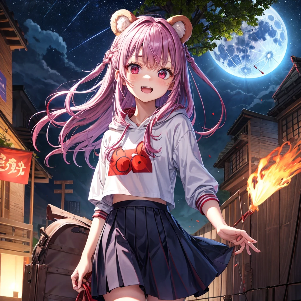 Red, blue and light purple hair、Red eyes、Braid、One cute girl、solo、And soul、Light clothing、Checked mini skirt、petal、black t-shirts、hoodie、bear ears baseball cap、large tree、Thundercloud、Burning Full Moon、desert、Stones are piled up、Teeth are visible、Fortress City、Tilting face、Starry Sky、firework、Walking stick、Note