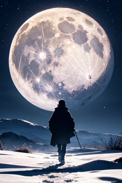 Highest quality,Big moon and shadow,A silhouette of a person can be seen against the backdrop of a large moon.,There is one full moon,There is a mood,Beautiful scenery,Starry Sky