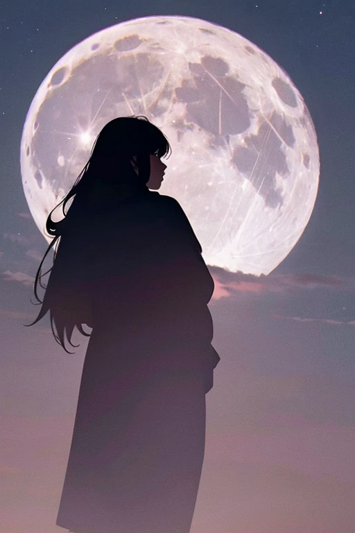 Highest quality,Big moon and shadow,A silhouette of a person can be seen against the backdrop of a large moon.,There is one full moon,There is a mood,Beautiful scenery,Starry Sky