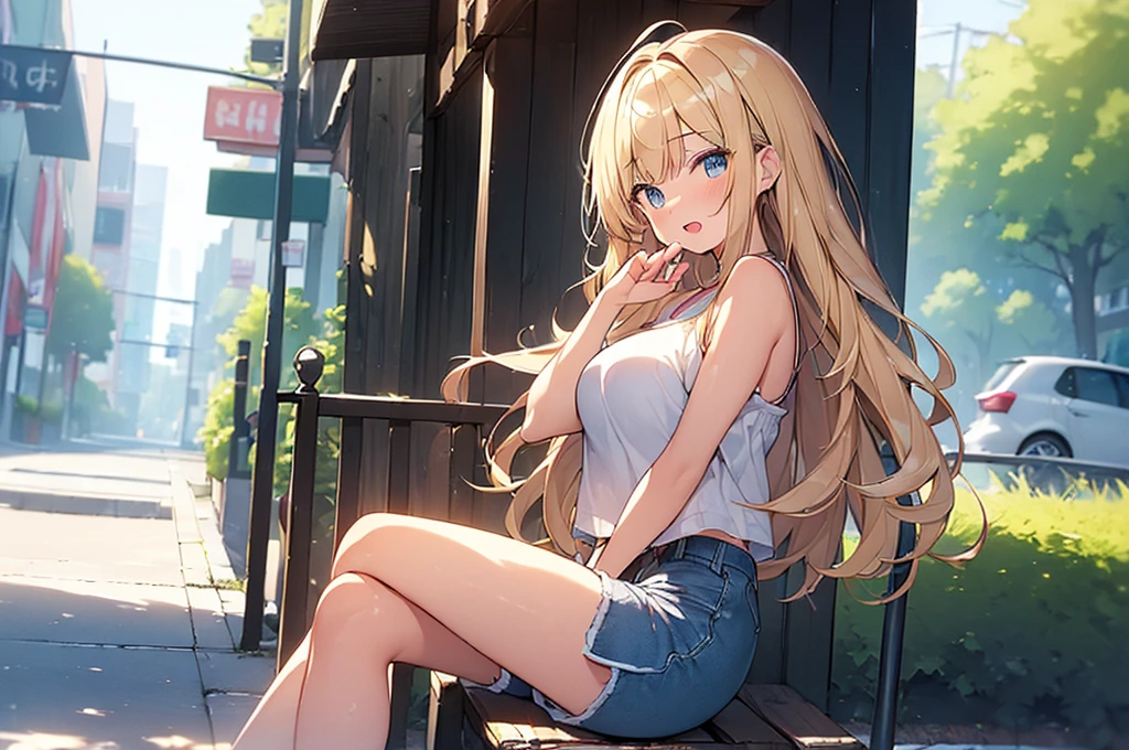 (Masterpiece, Top quality:1.5), 1 beautiful girl, solo, sitting, from side, Blonde, medium Hair, wavy Hair, asymmetry bangs, swept bangs, airy hair, large :1.2, 16 year old, standard weight, (casual summer fashion, Shorts :1.3), blush, beautiful scene of street, blurry background, magnificent panorama view, blurry background, open mouth,