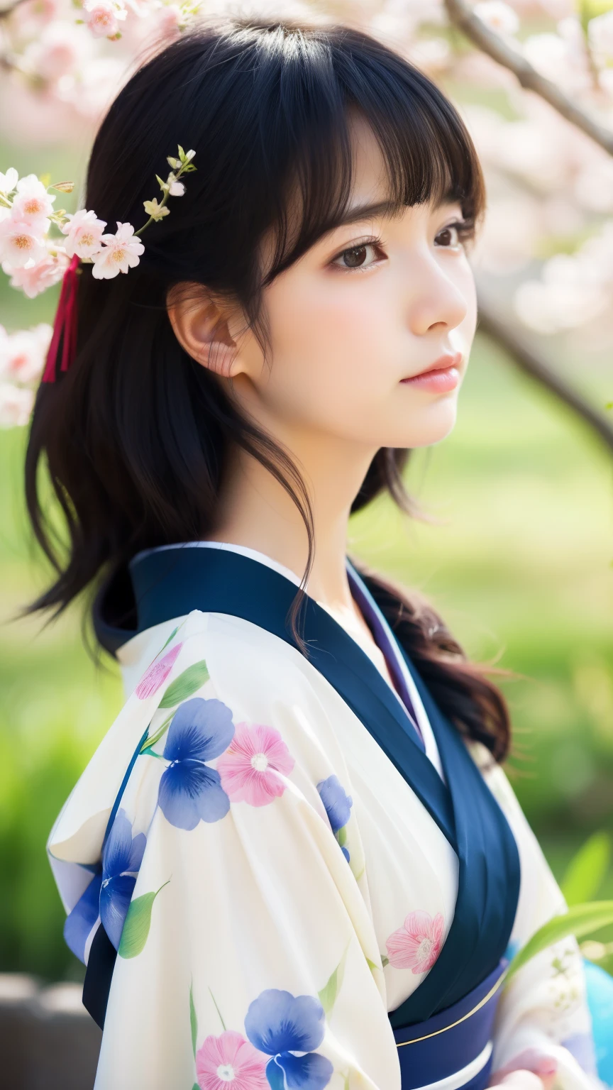 Realistic photos, Gentle eyes, Crying, tears, Sad expression, Flowing black hair, Disheveled clothes, Elegant kimono, Spring background, Calm expression, Soft lighting, Traditional Japanese art style, Vibrant colors, Peaceful atmosphere, Delicate features, Graceful posture