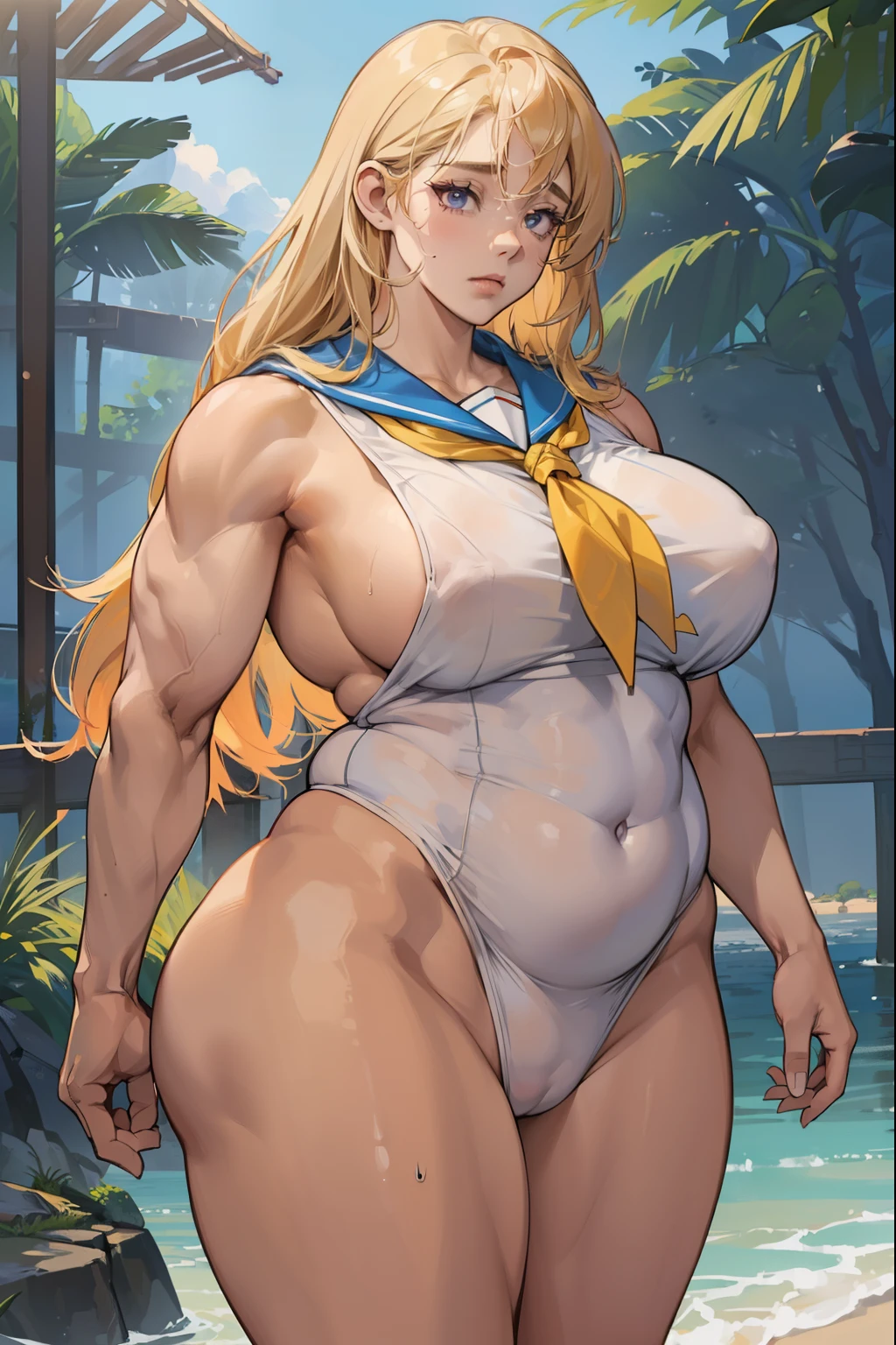 (((((Woman with brown skin, Muscular))))), ((thick thighs, 非常にLarge Breasts,、Strong Body、), Long Hair、Golden Blonde, alone, Glowing Skin, it was foggy, ,Bridge pier, Bristles,Are standing、Big body women、naked,Strong Body、pubic hair,Muscular in the forest,Composition from the front,Muscular and wide hips,Muscular and wide torso,Muscularの, Widebody,thick, Muscularの腕,thick, Muscularの脚,Muscular and broad shoulders,bodybuilder,nakedの美しい女性,Large Breasts,long, saggy breasts,,Deep purple eyes,Woman with beautiful face,Expressionless,,,Strong Woman,Right in front of the viewer,,Muscular女性,Big body and broad shoulders,thick Women,naked,sexy,Stand in front,全naked,正面にAre standing女性,全naked,A woman standing directly in front,真っ直ぐにAre standing,Masculine woman,全naked,Fat woman,Fleshy ladies,Plump woman,Chubby woman,,Sailor suit in small size