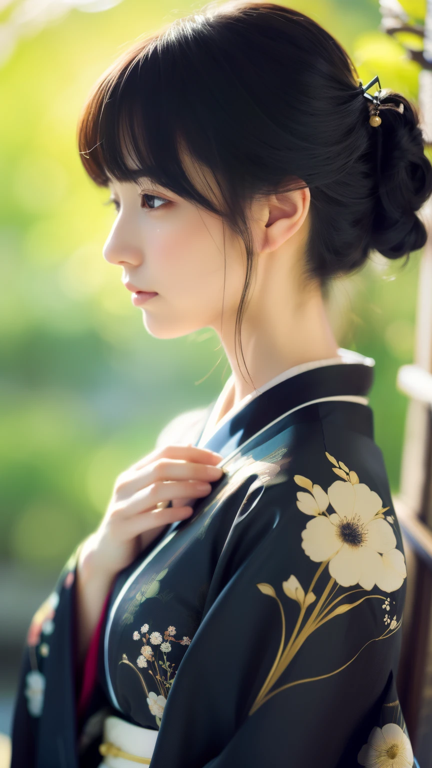 Realistic photos, Gentle eyes, tears, Sad expression, Flowing black hair, Disheveled clothes, Elegant kimono, Spring background, Calm expression, Soft lighting, Traditional Japanese art style, Vibrant colors, Peaceful atmosphere, Delicate features, Graceful posture