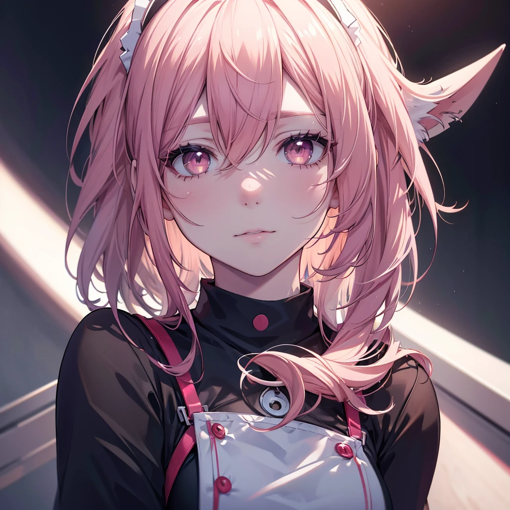 A beautiful detailed portrait of an anime-style nurse with long hair, sharp gaze, ominous aura, beautiful brown eyes, sharp facial features, strong presence, rabbit ears, pink eyes, short hair, dramatic chiaroscuro, complex details, (best quality, 4k, 8k, highres, masterpiece:1.2), ultra-detailed, (realistic, photorealistic:1.37), HDR, UHD, studio lighting, ultra-fine painting, sharp focus, physically-based rendering, extreme detail description, professional, vivid colors, sadistic character,adult