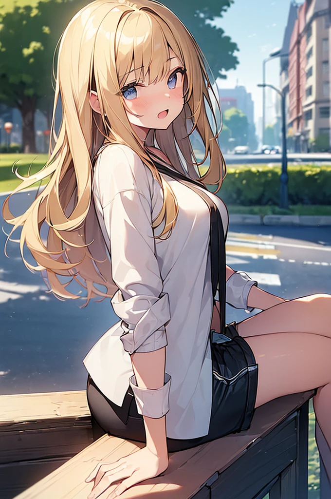 (Masterpiece, Top quality:1.5), 1 beautiful girl, solo, sitting, from side, Blonde, medium Hair, wavy Hair, asymmetry bangs, swept bangs, airy hair, large breasts:1.2, 16 year old, standard weight, (casual summer fashion, Shorts :1.3), blush, beautiful scene of street, blurry background, magnificent panorama view, blurry background, open mouth,