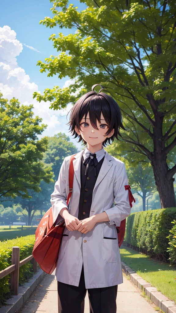 Sukuna a cute anime boy is very happy and background is sunny day and there are trees .