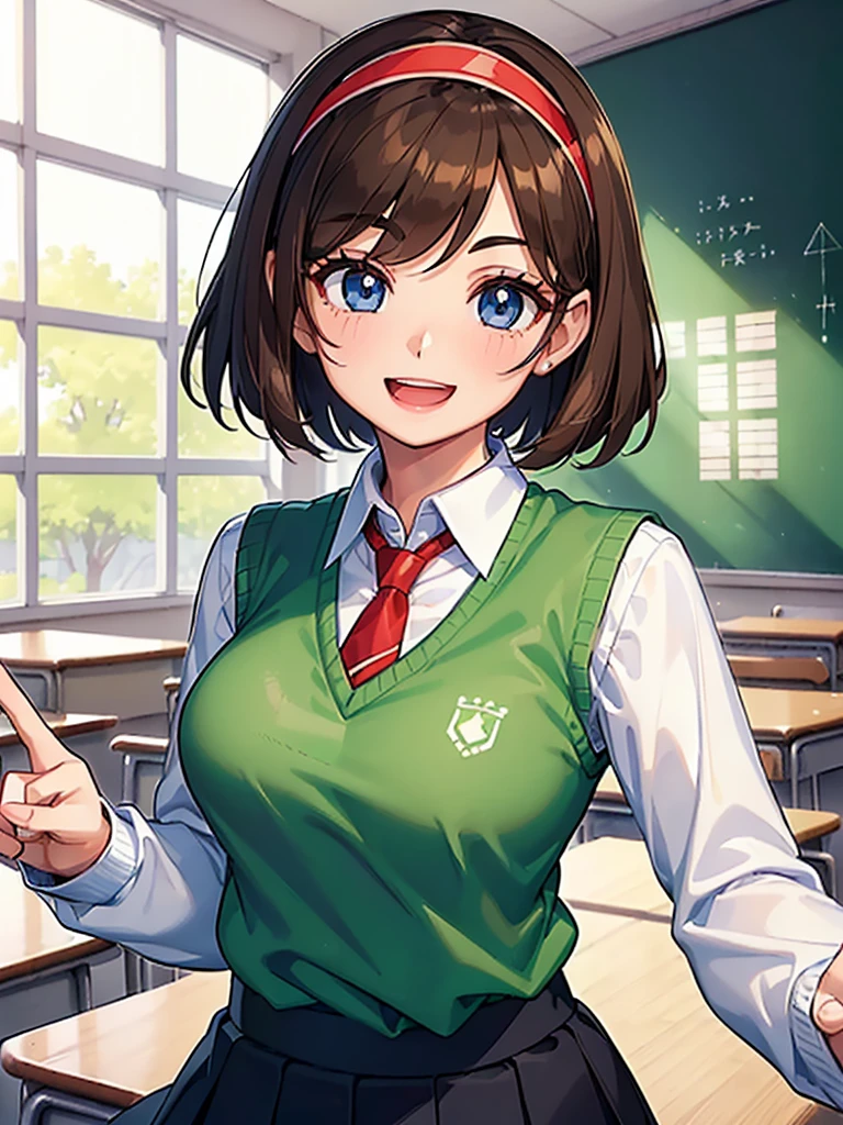 ((1girl)), ((short brown hair)), ((hairband)), ((blue eyes)), ((long sleeved white collared shirt)), ((green sweater vest)), ((red necktie)), ((black skirt)), ((big happy smile)), ((medium breasts)), ((generic girly pose)), ((big happy smile)), ((energetic)), ((bangs)), ((Kawaii)), ((face close up)), ((White shirt)), ((green sweater vest)), ((red necktie)), ((cute art style)), (((anime)), ((eyelashes)), ((friendly smile)), ((open mouth)), ((school interior)), ((long sleeves)), ((modern))