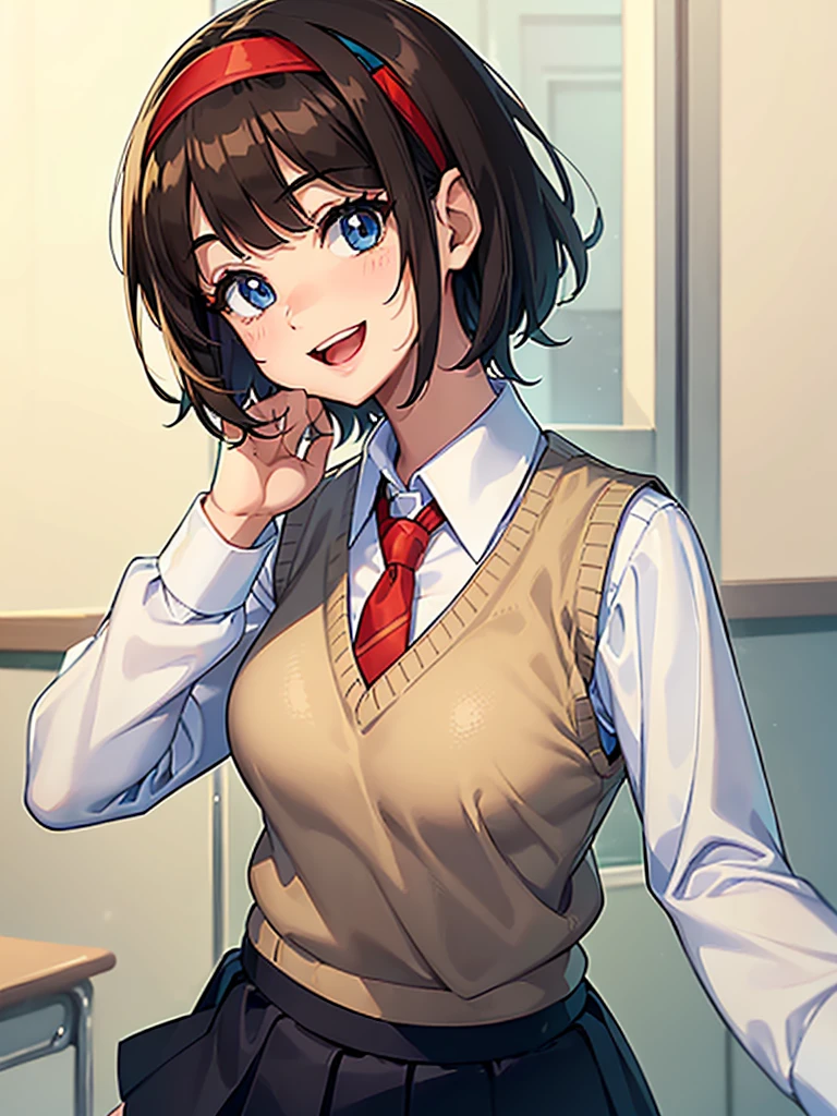 ((1girl)), ((short brown hair)), ((hairband)), ((blue eyes)), ((long sleeved white collared shirt)), ((green sweater vest)), ((red necktie)), ((black skirt)), ((big happy smile)), ((medium breasts)), ((generic girly pose)), ((big happy smile)), ((energetic)), ((bangs)), ((Kawaii)), ((face close up)), ((White shirt)), ((green sweater vest)), ((red necktie)), ((cute art style)), (((anime)), ((eyelashes)), ((friendly smile)), ((open mouth)), ((school interior)), ((long sleeves)), ((modern))