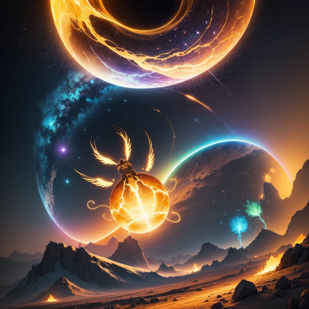 When the glowing light hits the ground, imagine the earth cracking open slowly, revealing a hidden portal beneath. The portal glows with a bright, golden light, and strange, colorful creatures begin to emerge, flying around in the air, leaving trails of sparkling dust.