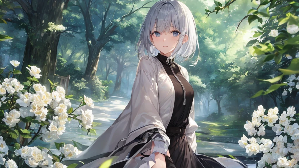 Open your mouth、Flower Field、Her eyes were shining、Mysterious and enchanting atmosphere。With AI Painting、とてもShort Hair, Long bangs between the eyes, Very detailed,(masterpiece、Highest quality)、alone、Gray Hair、Fantasy, Silver Hair, Fantasyな風景、smile、Open your mouth、short hair、Short Hair、hairpin、black eye、Grey Eyes、Beautiful Eyes、Black Shirt、White hoodie