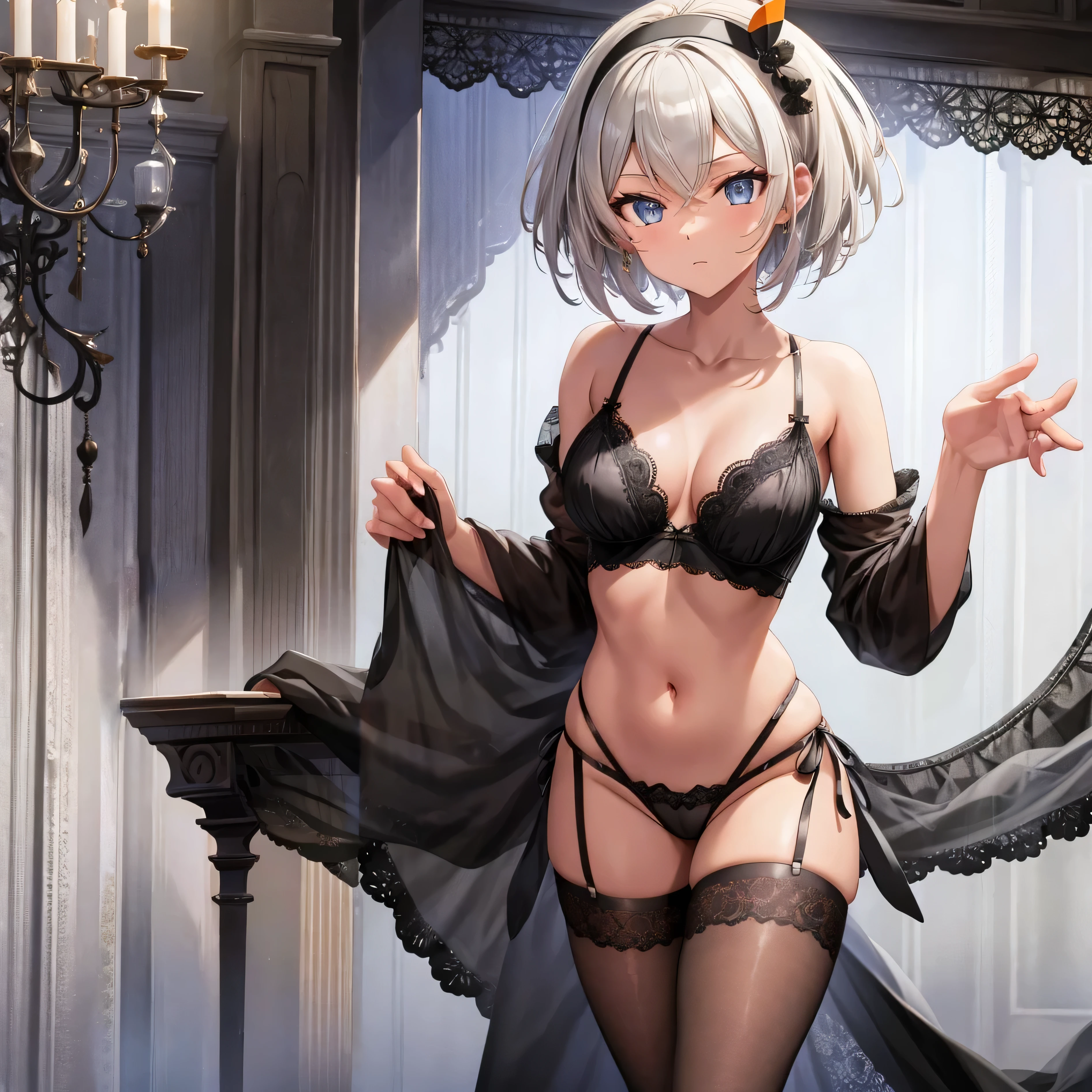(masterpiece:1.2), (best quality), (ultra detailed), (8k, 4k, intricate), (intricate lace lingerie, black lingerie), pillar, wall,