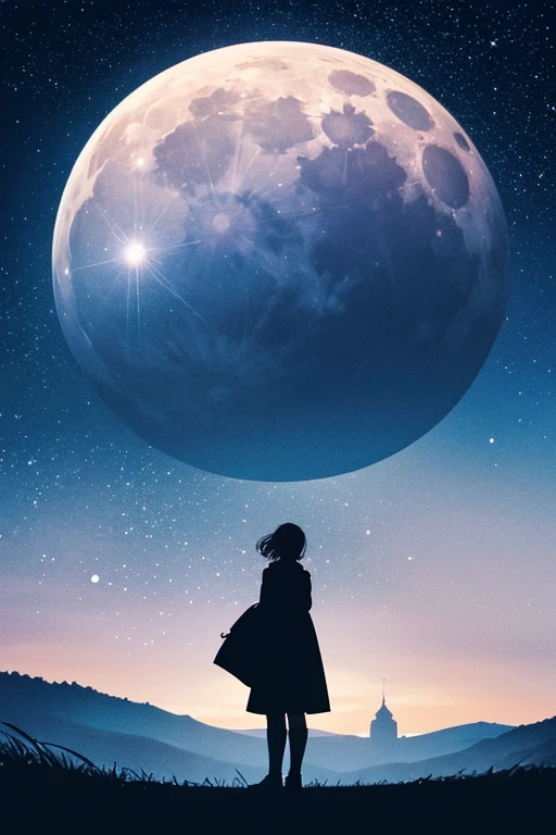 Highest quality,Big moon and shadow,A silhouette of a person can be seen against the backdrop of a large moon.,There is one full moon,There is a mood,Beautiful scenery,Starry Sky