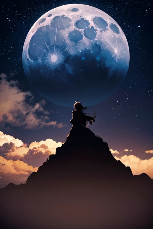 Highest quality,Big moon and shadow,A silhouette of a person can be seen against the backdrop of a large moon.,There is one full moon,There is a mood,Beautiful scenery,Starry Sky