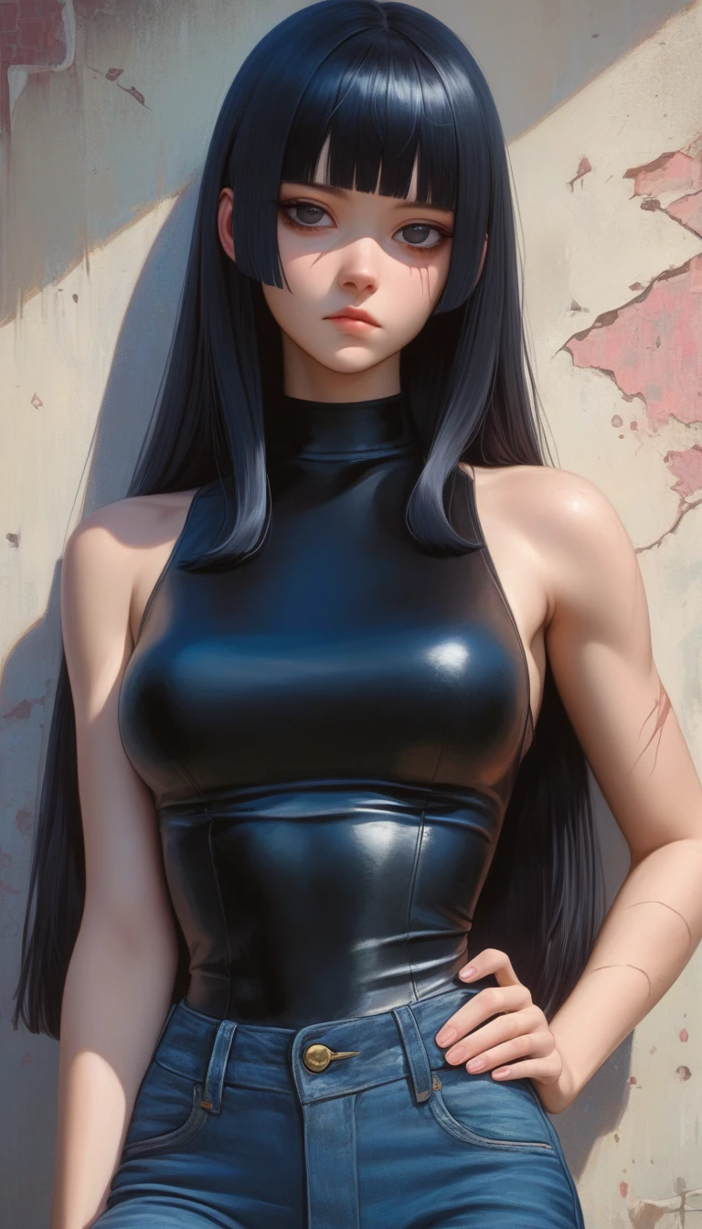 Masterpiece, Score_9, score_8_up, 8k, ultra-detailed, Ultra-high resolution, high-quality, 1girl, cute, perfect , black hair, long hair, blunt bangs, black eyes, lazy eyes, black choker, scar, scar on face, hands on , sleeveless leather jacket,  shoulders, , expressionless, black jeans, , apocalypse background, cowboy shot,  