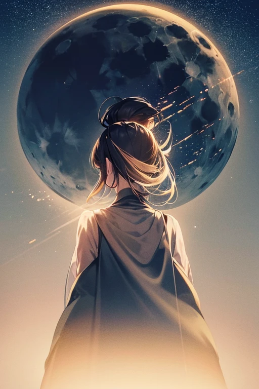 Highest quality,Big moon and shadow,A silhouette of a person can be seen against the backdrop of a large moon.,There is one full moon,There is a mood,Beautiful scenery,Starry Sky
