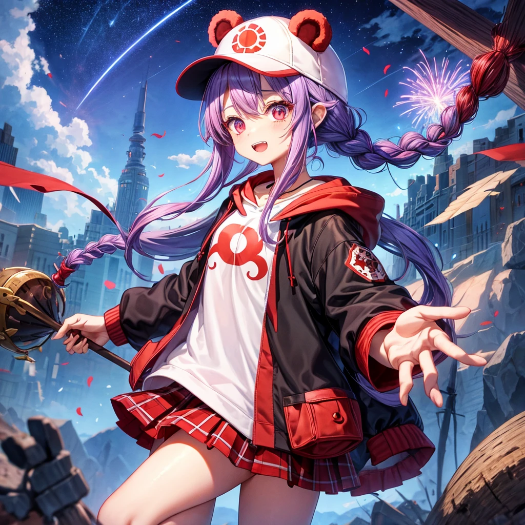 Red, blue and light purple hair、Red eyes、Braid、One cute girl、solo、And soul、Light clothing、Checked mini skirt、petal、black t-shirts、hoodie、bear ears baseball cap、large tree、Thundercloud、Burning Full Moon、desert、Stones are piled up、Teeth are visible、Fortress City、Tilting face、Starry Sky、firework、Walking stick、Note