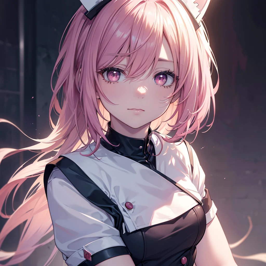 a beautiful detailed anime-style nurse with long hair, sharp gaze, ominous aura, beautiful brown eyes, sharp facial features, strong presence, rabbit ears, pink eyes, short hair, dramatic chiaroscuro, complex details, (best quality,4k,8k,highres,masterpiece:1.2),ultra-detailed,(realistic,photorealistic:1.37),HDR,UHD,studio lighting,ultra-fine painting,sharp focus,physically-based rendering,extreme detail description,professional,vivid colors,sadistic character,adult