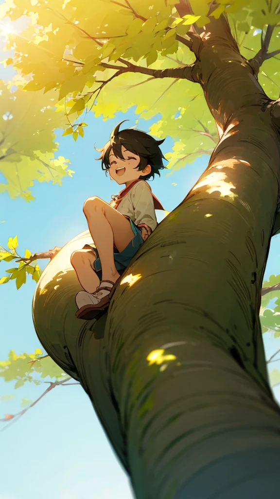 Sukuna a cute anime boy is very happy and background is sunny day and there are trees .