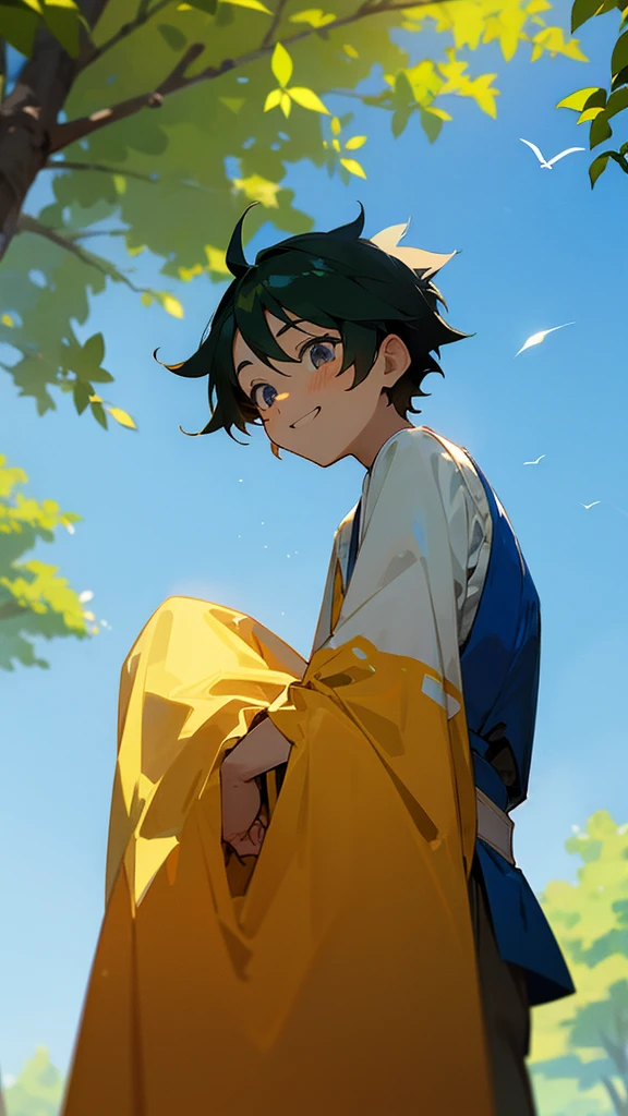 Sukuna a cute anime boy is very happy and background is sunny day and there are trees .