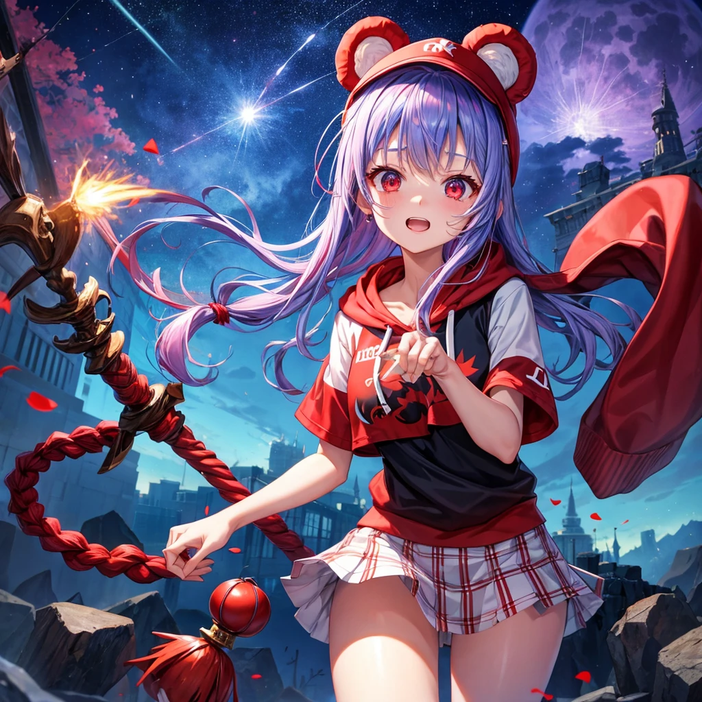 Red, blue and light purple hair、Red eyes、Braid、One cute girl、solo、And soul、Light clothing、Checked mini skirt、petal、black t-shirts、hoodie、bear ears baseball cap、large tree、Thundercloud、Burning Full Moon、desert、Stones are piled up、Teeth are visible、Fortress City、Tilting face、Starry Sky、firework、Walking stick、Note