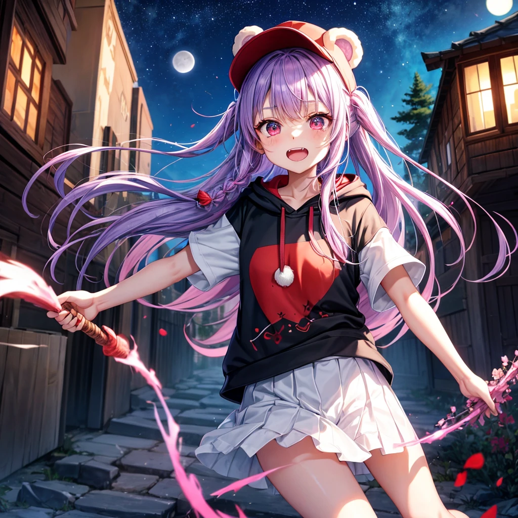 Red, blue and light purple hair、Red eyes、Braid、One cute girl、solo、And soul、Light clothing、Checked mini skirt、petal、black t-shirts、hoodie、bear ears baseball cap、large tree、Thundercloud、Burning Full Moon、desert、Stones are piled up、Teeth are visible、Fortress City、Tilting face、Starry Sky、firework、Walking stick、Note