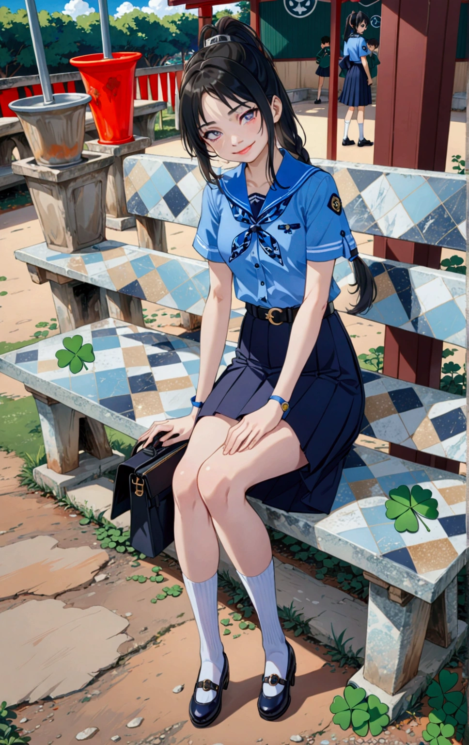 realistic anime illustration of beautiful teenage girl is sitting on school 's marble bench, she has black low braid ponytail (+forehead), wearingshe wearing azure-blue short sleeves collared shirt, navy-blue neckerchief with white outline clover leaves pattern, navy-blue pleated pencil long skirt, black belt with gold circle buckle, white socks and black mary-jane shoes, (1girl, solo,full body), (masterpiece, best quality, japanese anime style), BREAK, (azure-blue short sleeves collared shirt, navy-blue neckerchief  with white outline clover leaves pattern, navy-blue pleated pencil long skirt, black belt with gold circle buckle, white socks and black mary-jane shoes)